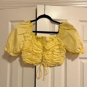 Mable Yellow Puff Sleeve Eyelet Lace Up Crop Top